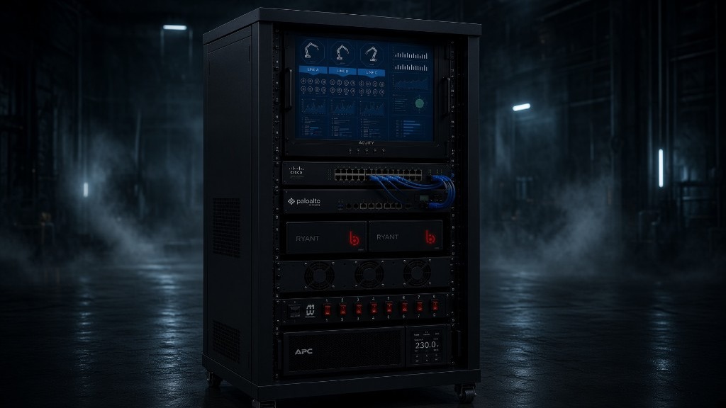 Mobile rack with industrial dashboard, network security, and power equipment on a factory floor.