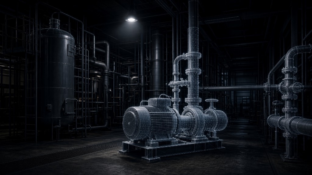 Industrial pump and motor assembly rendered as a glowing wireframe digital twin inside a dark plant environment.