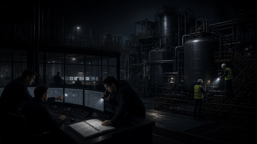 Technicians reviewing control room monitors and blueprints while inspectors examine industrial tanks and piping with flashlights.