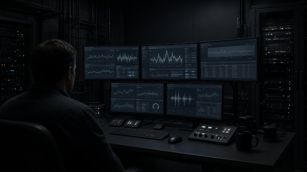 Operator reviewing multi-monitor analytics dashboards in a dark control room with server racks on both sides.