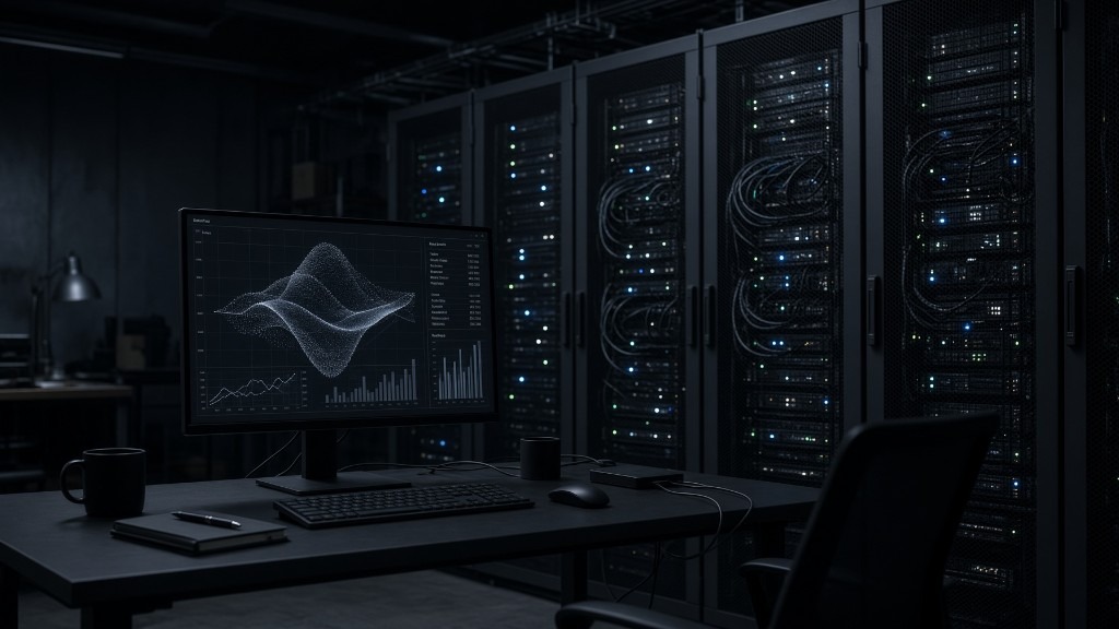 Engineering workstation displaying model training analytics in a server room with active rack equipment.